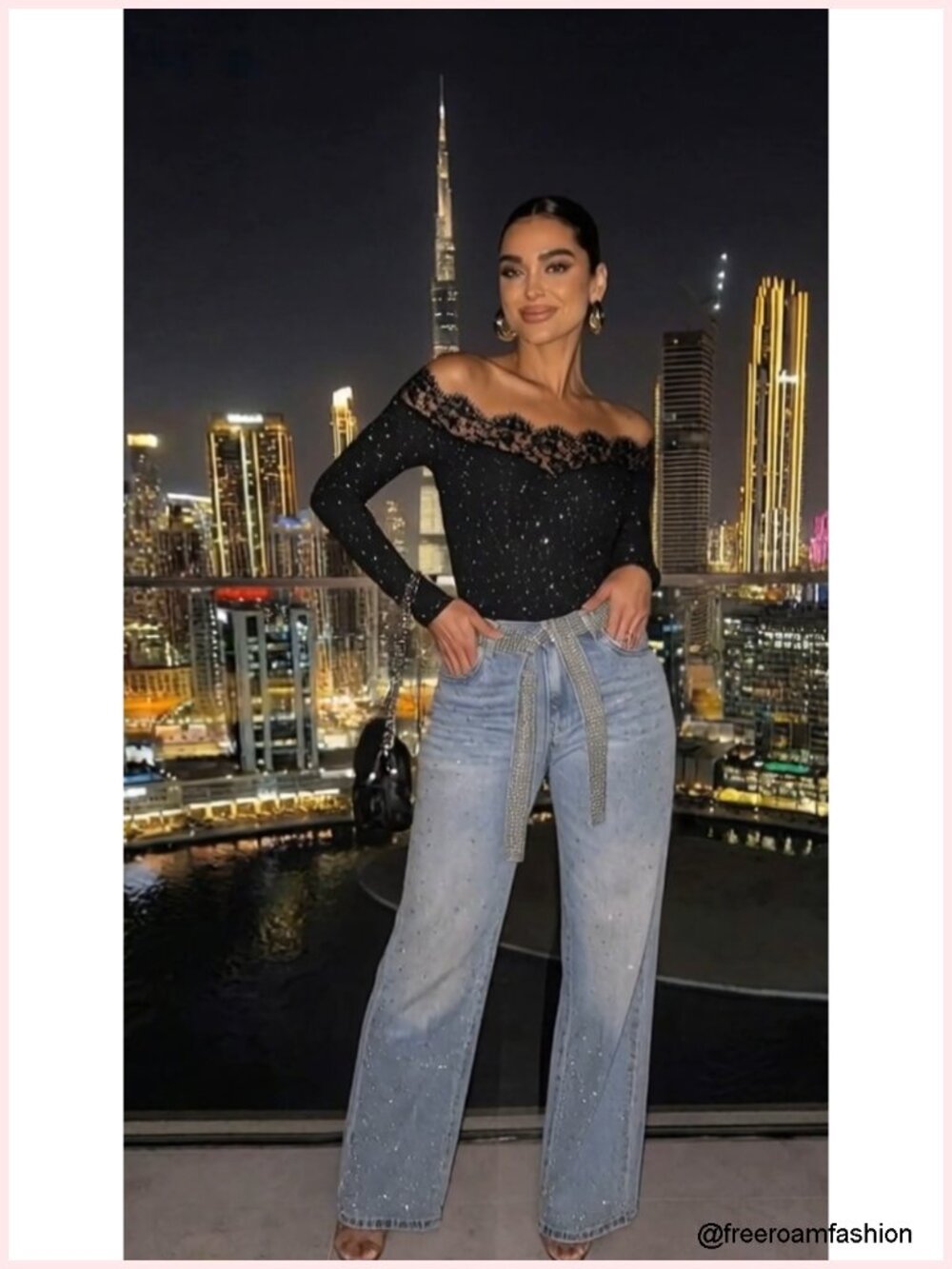 High Waisted Wide Leg Jeans with Rhinestone Belt, Flare Denim Pants - Picture 6 of 6